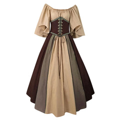 Medieval Retro Color Block Off Shoulder Party Dress