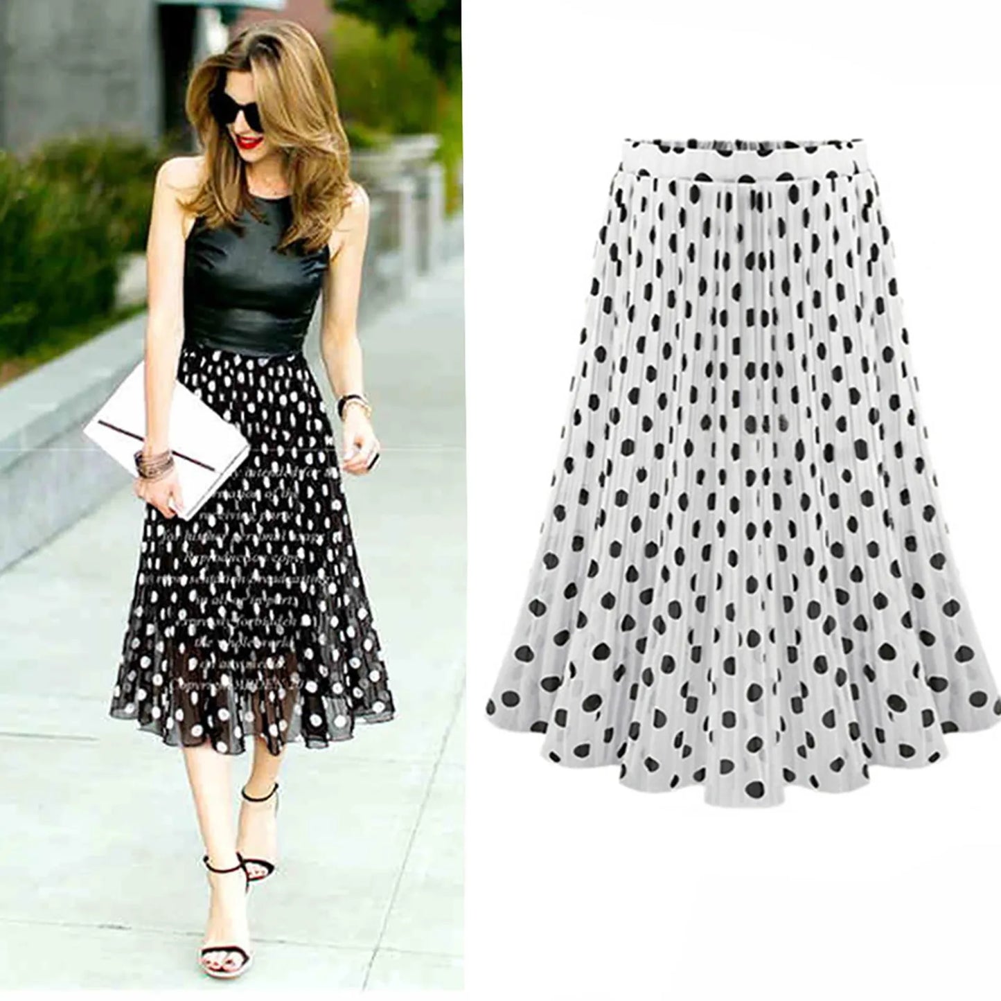 JuliaFashion - Pleated Chiffon Tulle Polka Dot Vintage Flared Skirt Dress