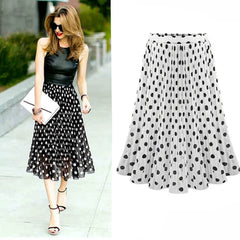 JuliaFashion - Pleated Chiffon Tulle Polka Dot Vintage Flared Skirt Dress