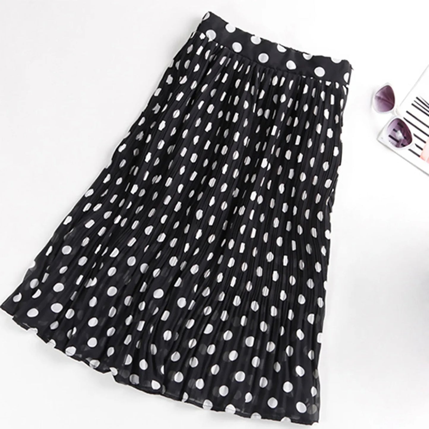 JuliaFashion - Pleated Chiffon Tulle Polka Dot Vintage Flared Skirt Dress