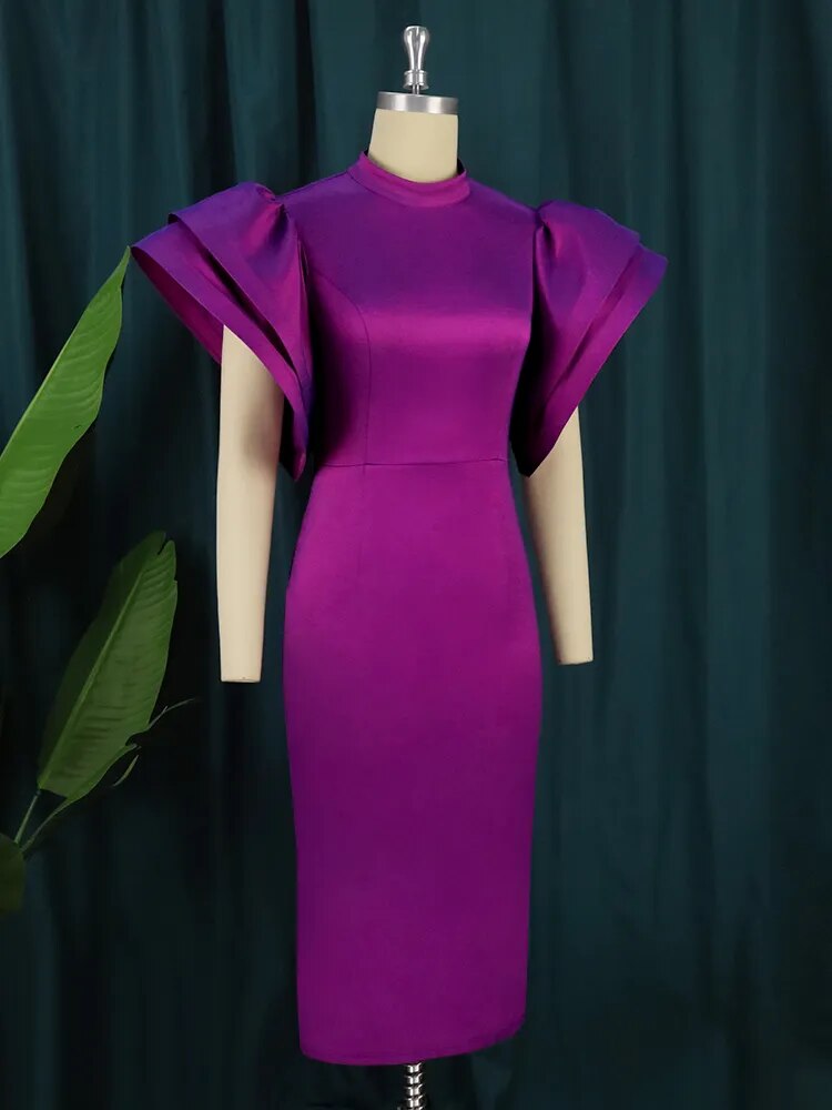 JuliaFashion - 2024Purple Flare Sleeve High Waist Midi Dress