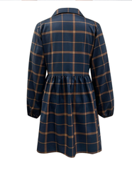 Navy V Neck Plaid Prints Buttons Casual Sweet Dress For Women Dresses