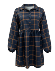 Navy V Neck Plaid Prints Buttons Casual Sweet Dress For Women Dresses
