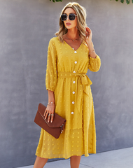 Elegant Half Sleeve Women’s Casual V-Neck Midi Dress With Buttons S / Coffee Dresses