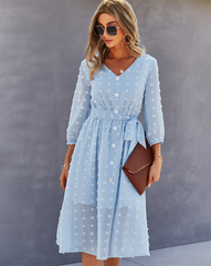 Elegant Half Sleeve Women’s Casual V-Neck Midi Dress With Buttons L / Pink Dresses
