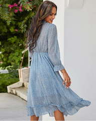 Spring V Neck Print Dress With Butterfly Sleeves And High Waist Ruffles In Chiffon Midi Length S /