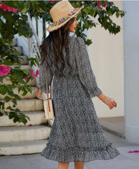 Spring V Neck Print Dress With Butterfly Sleeves And High Waist Ruffles In Chiffon Midi Length M /