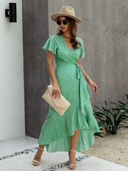 V-Neck Coastal Vacation Dot Polka Short-Sleeved Warm-Season Ruffle For Gown Women Xl / Black Dresses