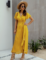 V-Neck Coastal Vacation Dot Polka Short-Sleeved Warm-Season Ruffle For Gown Women Xxl / Black