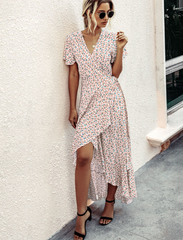 Pink Polka Dot V-Neck Ruffle Short-Sleeved Beach Vacation Summer Dress M / Orange Dresses