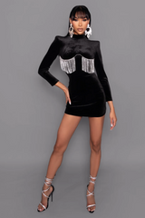 Black Crystal Fringe Charming Velvet Mini Dress