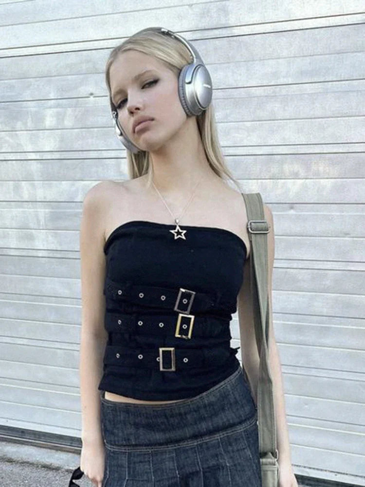 Y2K Bandage Buckle Corset Punk Grunge Gothic Retro Streetwear Crop Top