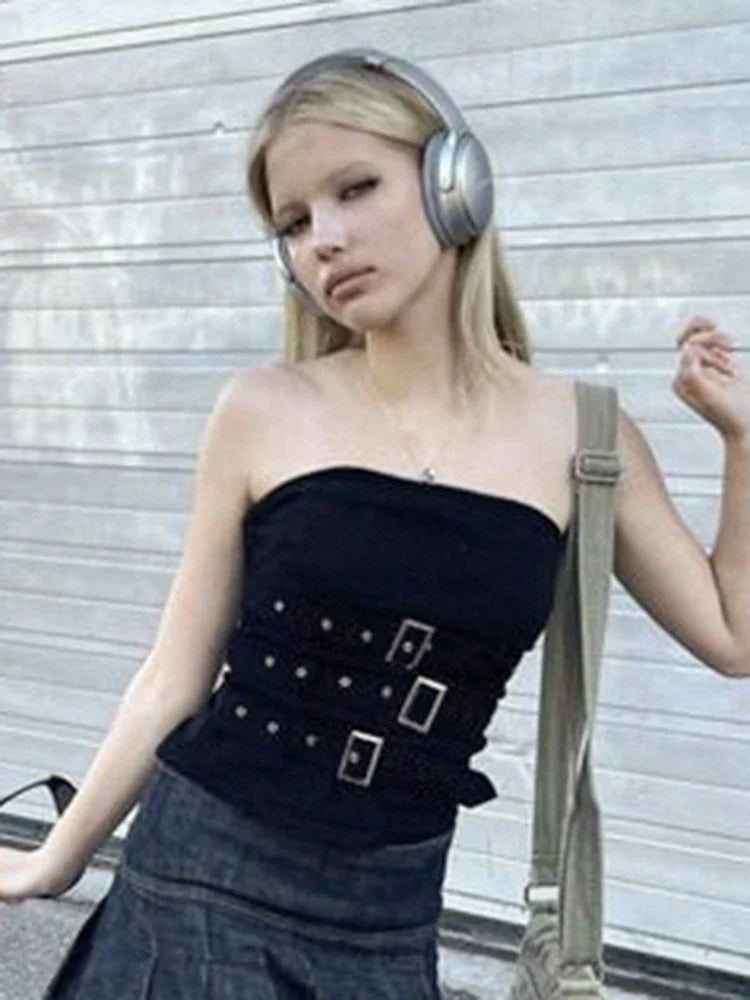 Y2K Bandage Buckle Corset Punk Grunge Gothic Retro Streetwear Crop Top