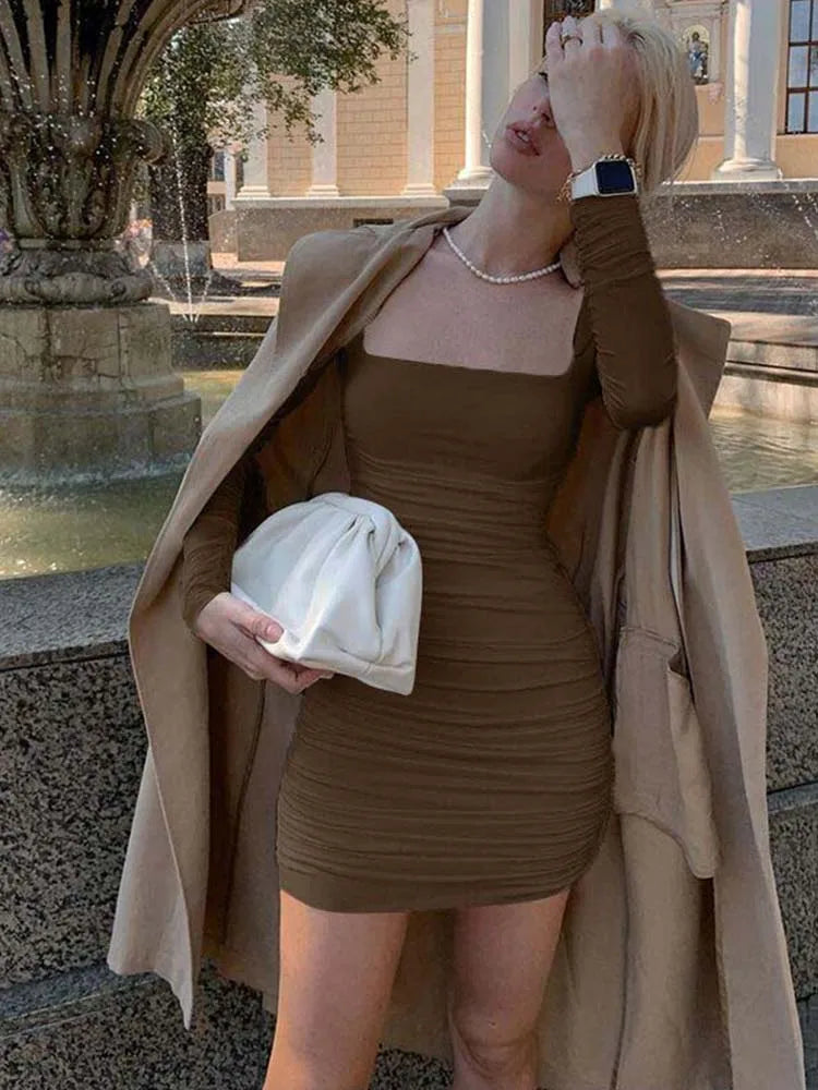 Julia Fashion - Ruched Solid Long Sleeve Bodycon Sexy Party Streetwear Mini Dress