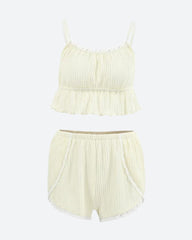 Ruffled Crop Top & Lace Trim Shorts Two Piece Set