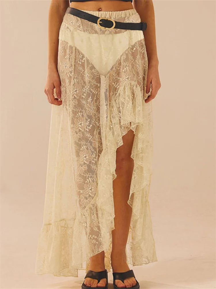 JuliaFashion - Lace Long Retro High Waist Solid Color Asymmetrical Hem Ruffles Summer Beach Streetwear Skirts