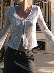 Elegant Lace Trimmed V-Neck Blouse with Tie Front Detail and Long Sleeves - Stylish Women s Shirt for Chic Street Style