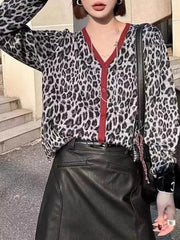 Knitted Sweaters for Women Fashion Vintage Long Sleeve Jumpers New Autumn Winter Leopard Loose Single Breasted Cardigan