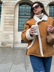 Fashion Lamb Woolen Spliced Warm Coat For Women Vintage Side Buttons Lapel Full Sleeve Jackets Lady Autumn Winter Thick Outwear