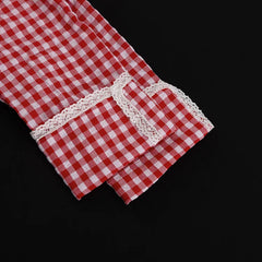 Red Plaid Wide Leg Pants Sets Women Long Sleeve Lace-up Blouse+Elastic Waist Trouser Chic Casual Lace Trim 2 Piece Set 2025 New