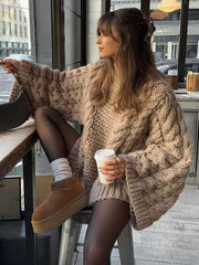 Loose Knitted Women's Sweater High Neck Wide Long Sleeve Female Knitwear Tops 2024 Autumn Winter Fashion Oversized Lady Pullover