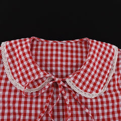 Red Plaid Wide Leg Pants Sets Women Long Sleeve Lace-up Blouse+Elastic Waist Trouser Chic Casual Lace Trim 2 Piece Set 2025 New