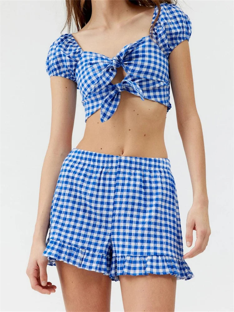 Plaid Print Knotted Short Sleeve T-shirt Crop Top with Elastic Waist Shorts Set twopiecesset-250126