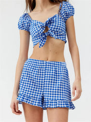 Plaid Print Knotted Short Sleeve T-shirt Crop Top with Elastic Waist Shorts Set twopiecesset-250126