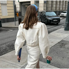 Elegant Tweed Lapel Jacket Shorts Set Women Retro Loose Short Coat Slit Slim Long Skirts Sets Lady New Chic Street Office Outfit