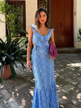 Blue Hollow Out Embroidered Midi Dress Women Summer New V Neck Sleeveless Ruffle Long Dresses Elegant Fashion Holiday Vestidos