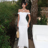 Boho Chic Women Floor-Length Fishtail Dress White Lace Elegant Sexy Sleeveless Bodycon Maxi Dress Summer Clubwear