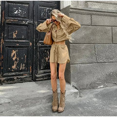 Women's Summer Suit Elegant Lapel Single Breasted Full Sleeve Lace Up Waist Shorts Female Suit Oversize Two-piece Set 2025