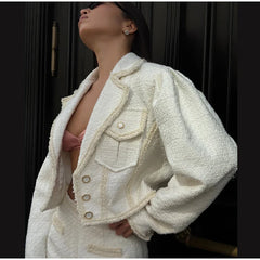 Elegant Tweed Lapel Jacket Shorts Set Women Retro Loose Short Coat Slit Slim Long Skirts Sets Lady New Chic Street Office Outfit