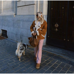 Fashion Lamb Woolen Spliced Warm Coat For Women Vintage Side Buttons Lapel Full Sleeve Jackets Lady Autumn Winter Thick Outwear