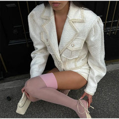 Elegant Tweed Lapel Jacket Shorts Set Women Retro Loose Short Coat Slit Slim Long Skirts Sets Lady New Chic Street Office Outfit