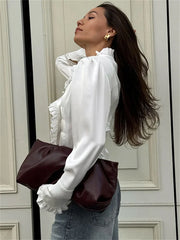 TAIVIMART - White Ruffled Vintage Shirts For Women Patchwork V-Neck Long Sleeve Autumn Elegant Streetwear Female Cardigan Blouses