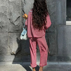 Red Plaid Wide Leg Pants Sets Women Long Sleeve Lace-up Blouse+Elastic Waist Trouser Chic Casual Lace Trim 2 Piece Set 2025 New