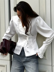 TAIVIMART - White Ruffled Vintage Shirts For Women Patchwork V-Neck Long Sleeve Autumn Elegant Streetwear Female Cardigan Blouses