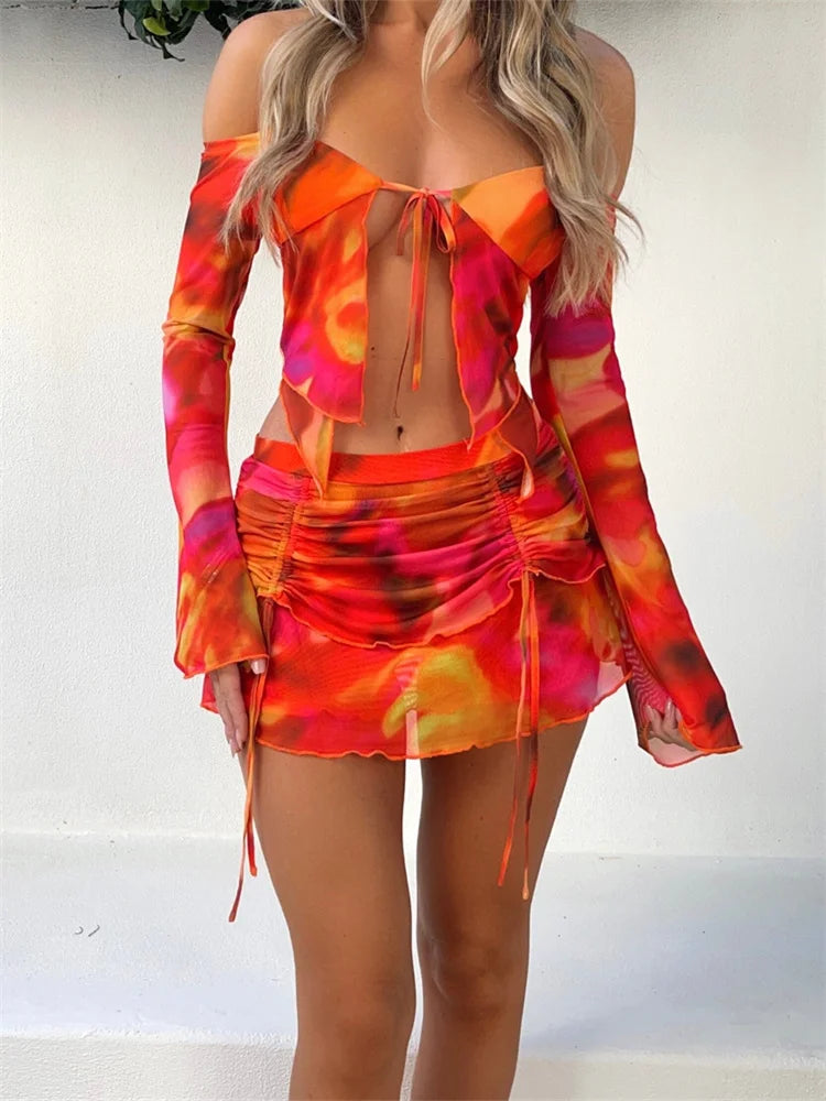 JuliaFashion - Print Off Shoulder Long Sleeve Shirts Ruched Drawstring Skirts Suits