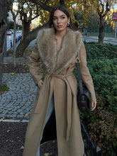 Women Faux Fur Patchwork Collar Woolen Belts Coat Button Up Pocket Casual Thicken Warm Outwear Female Winter Chic Jacket