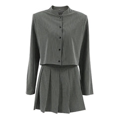 Women Striped Skirt Set Stand Collar Single Breasted Top High Waist Pleated Skirts 2024 Summer Fall New Fashion Lady Office Suit