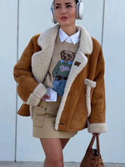 Fashion Lamb Woolen Spliced Warm Coat For Women Vintage Side Buttons Lapel Full Sleeve Jackets Lady Autumn Winter Thick Outwear