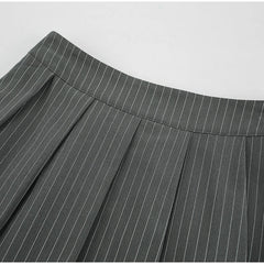 Women Striped Skirt Set Stand Collar Single Breasted Top High Waist Pleated Skirts 2024 Summer Fall New Fashion Lady Office Suit
