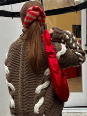 Elegant Turtleneck Women's Sweater Contrast Twist Knitted Pullovers Crocheted Knitwear Long Sleeved Top 2024 Autumn Loose Jumper