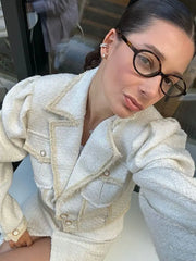 Elegant Tweed Lapel Jacket Shorts Set Women Retro Loose Short Coat Slit Slim Long Skirts Sets Lady New Chic Street Office Outfit