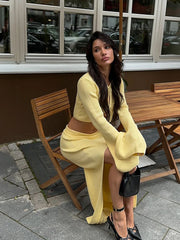 Women Knitted Lace Up 2pcs Set With Skirt Long Sleeve Waist Exposed Cardigan Sexy Slit Long Skirts Autumn New Matching Sets