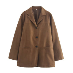 Turn Down Collar Brown Autumn Jacket for Women Casual Single Breasted Long Coat Jacket Female Winter Jacket Back Slit