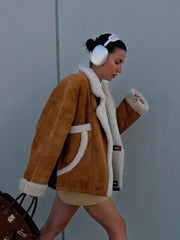 Fashion Lamb Woolen Spliced Warm Coat For Women Vintage Side Buttons Lapel Full Sleeve Jackets Lady Autumn Winter Thick Outwear