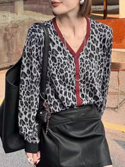 Knitted Sweaters for Women Fashion Vintage Long Sleeve Jumpers New Autumn Winter Leopard Loose Single Breasted Cardigan