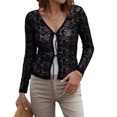 Elegant Lace Trimmed V-Neck Blouse with Tie Front Detail and Long Sleeves - Stylish Women s Shirt for Chic Street Style